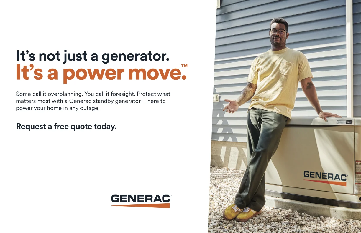 A man stands outside next to a Generac standby generator near a house, with promotional text about generator preparedness on the left.