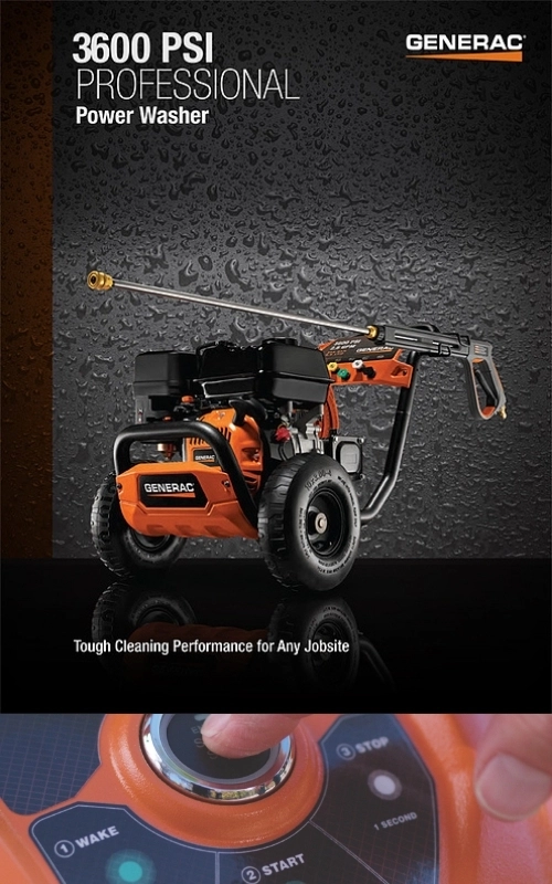 Generac 3600 PSI professional power washer is displayed on a wet surface; a close-up below shows a hand operating the control panel.