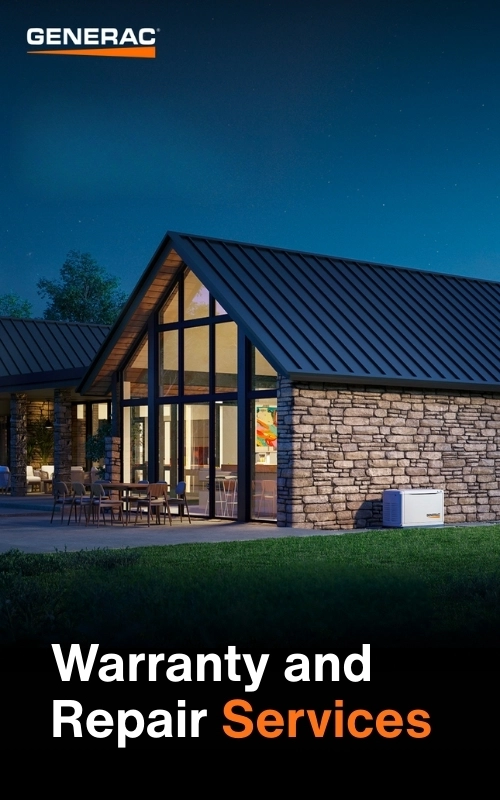 A modern house with large windows and a stone exterior, displaying a Generac generator outside. Text reads, "Warranty and Repair Services.
