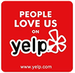 Red square badge with white text that reads "People Love Us On Yelp" and the Yelp logo, followed by the website "www.yelp.com" at the bottom.