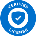 Blue circular badge with the words "Verified License" and a white checkmark inside a shield in the center.